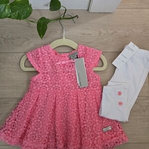 Calvin Klein Pink Lace Dress with White Leggings- NWT